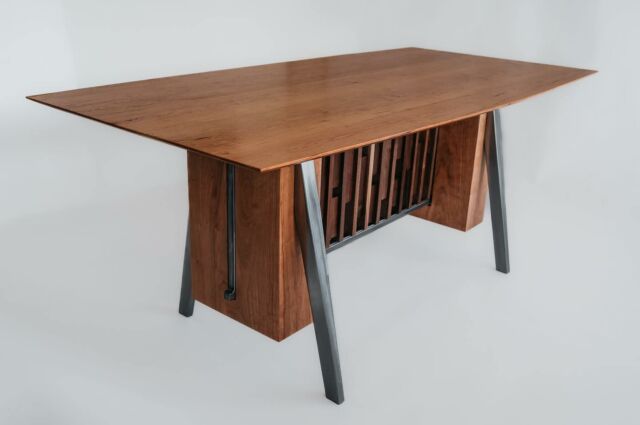 Complete. The Ivy 23 table. Cherry, Walnut, and Steel. 6 feet X 3 feet. 30” high. See more at newpioneerwoodshop.com. #customfuniture #customwoodwork #customwoodworking #interiordesign #homefurnitureanddesign #homefurnishings