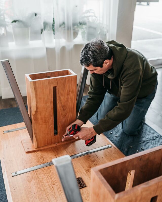 Assembly of the Ivy 23 dining table. Cherry and Walnut and Steel, Oh My!  Thanks to Sage +Soul Photography #customfuniture #custommade #customwoodworking #customwoodwork #furnituredesign #furniture #furnituredetail